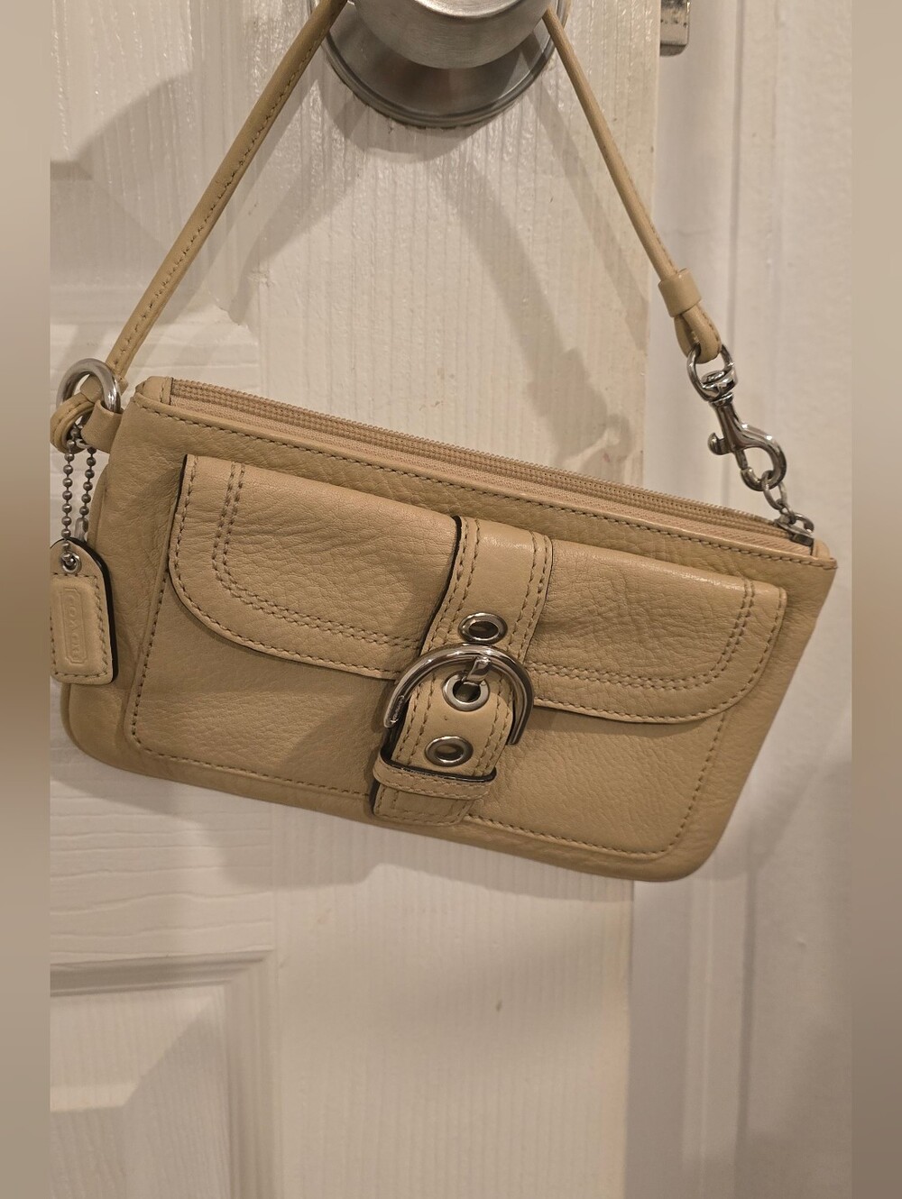 Coach Compact Beige Leather Wristlet Bag with Buckle Detail
